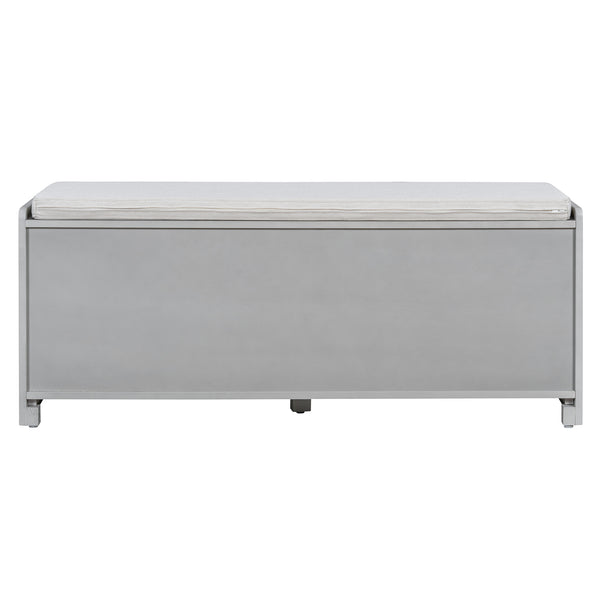 English Elm TREXM Rustic Storage Bench with Woven Rattan Doors, Removable Cushion & Adjustable Shelves for Entryway Home Organizing Beige,Gray Wash N715P308013E