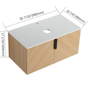 English Elm 36" Wall Mounted Vanity with Artificial Stone Top, Soft-Close Doors, Oak Finish, Durable Plywood W999P373498