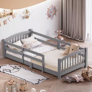 English Elm Twin Montessori Floor Bed Solid Pine Frame with Safety Guardrails for Kids Bedroom Gray N733P400298E