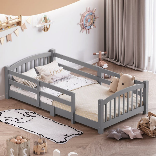 English Elm Twin Montessori Floor Bed Solid Pine Frame with Safety Guardrails for Kids Bedroom Gray N733P400298E