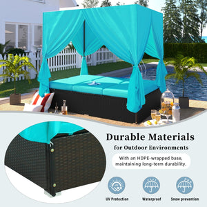 English Elm U_style Outdoor Double Daybed Resort Canopy Lounge with Steel Frame and Adjustable Backrests Blue WY000476AAC