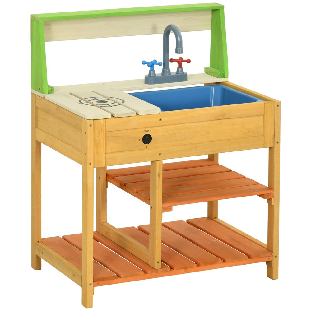 English Elm Outsunny Solid Fir Wood Kids Outdoor Mud Kitchen Playset with Sink Faucet Shelves W2225P200780