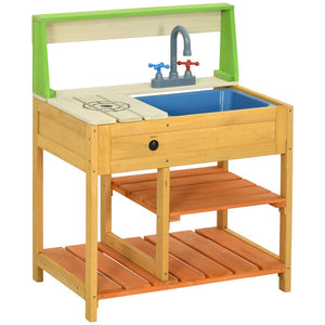 English Elm Outsunny Solid Fir Wood Kids Outdoor Mud Kitchen Playset with Sink Faucet Shelves W2225P200780