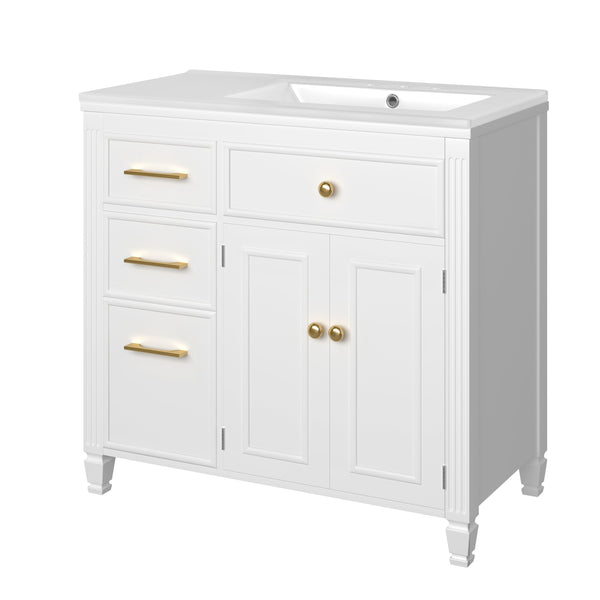 English Elm Christopher Knight Home® - 36" Freestanding 36-inch Modern Bathroom Vanity with Ceramic Sink, Ample Storage, Solid Legs, Durable Finish White N759P284623K