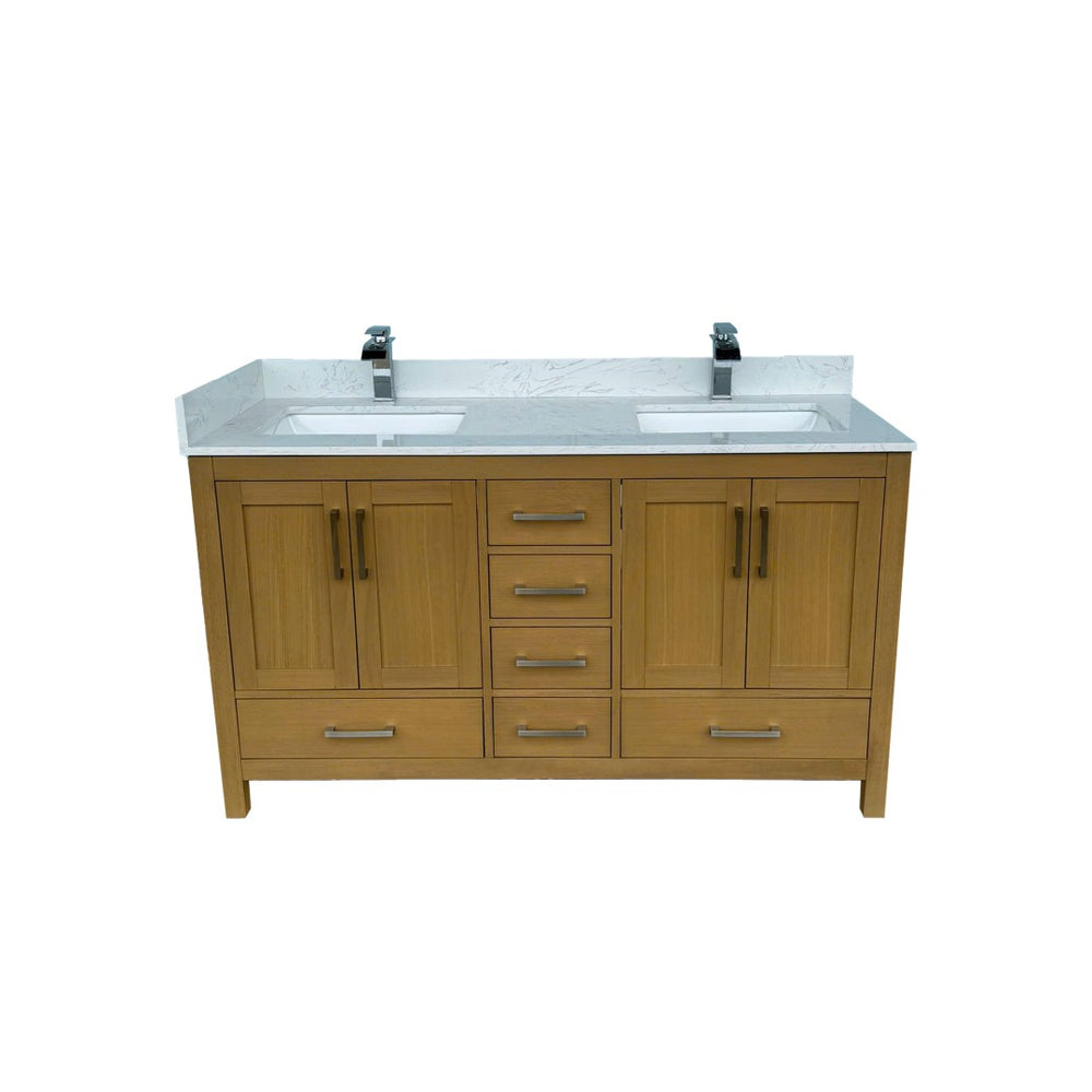 English Elm 60" Double Sink Vanity Solid Wood Cabinet Carrara Marble Top Brown Oak Finish T3785P442236