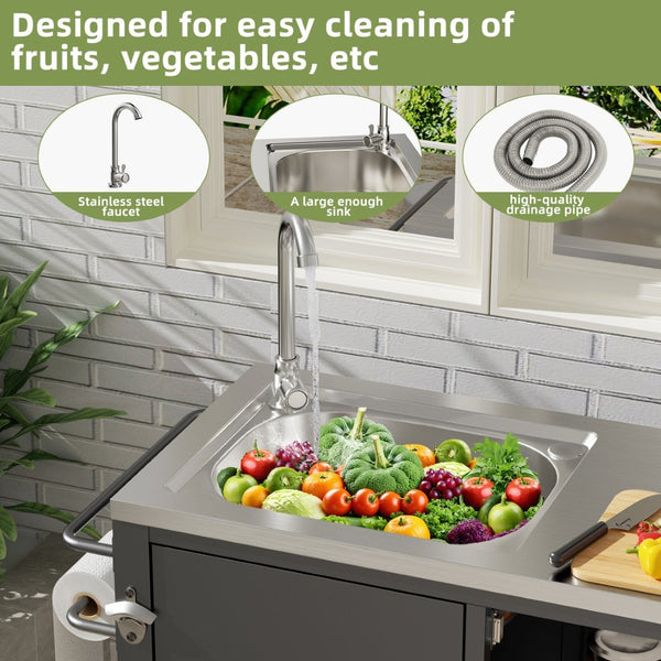 English Elm Outdoor Stainless Steel Grill Cart with Sink Cabinet and Lockable Swivel Wheels W3190P409412