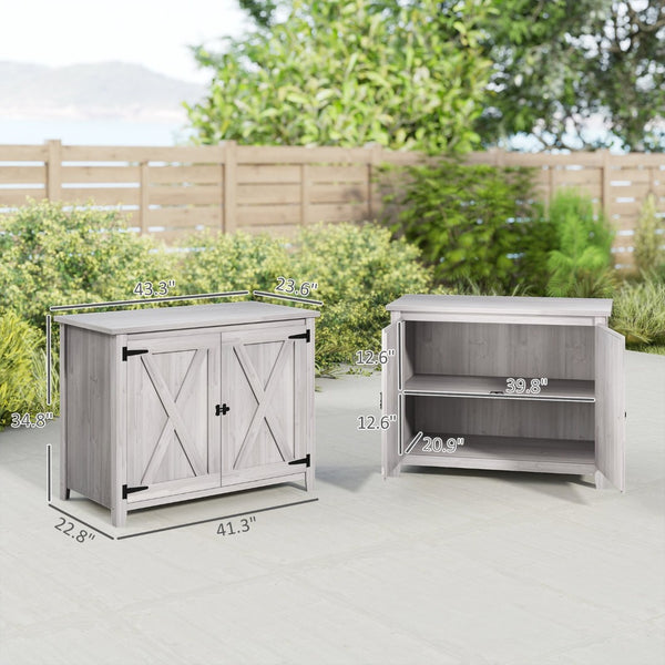 English Elm Wooden Fir Outdoor Storage Cabinet with Barn Doors Shelf and Raised Base for Patios T3971P422813