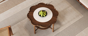 English Elm Mid-Century Petal Coffee Table with Walnut & Rattan, 2-Tier Glass Top, Vintage Small-Space Charm N735P291422D