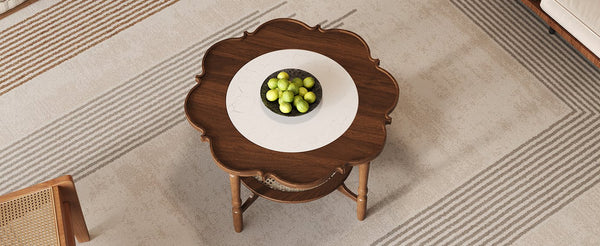 English Elm Mid-Century Petal Coffee Table with Walnut & Rattan, 2-Tier Glass Top, Vintage Small-Space Charm N735P291422D