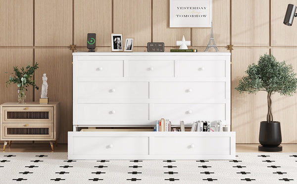 English Elm Murphy Cabinet Queen Bed Solid Pine Frame with Built-in Charging Station for Guest Rooms White W504S00164