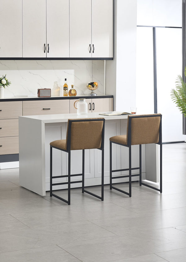 English Elm Counter Height Bar Stools Set of 2 Upholstered Linen Seats with Metal Frame & Cushion Comfort for Kitchen Bar and Dining Room Coffee W1249P257010