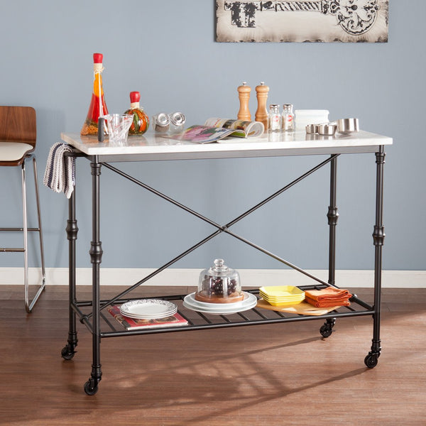 English Elm Morenci Industrial Kitchen Island with Marble-Look Top, Matte Black Rolling Cart, Shelves & X-Frame Organizing Charm B20479423