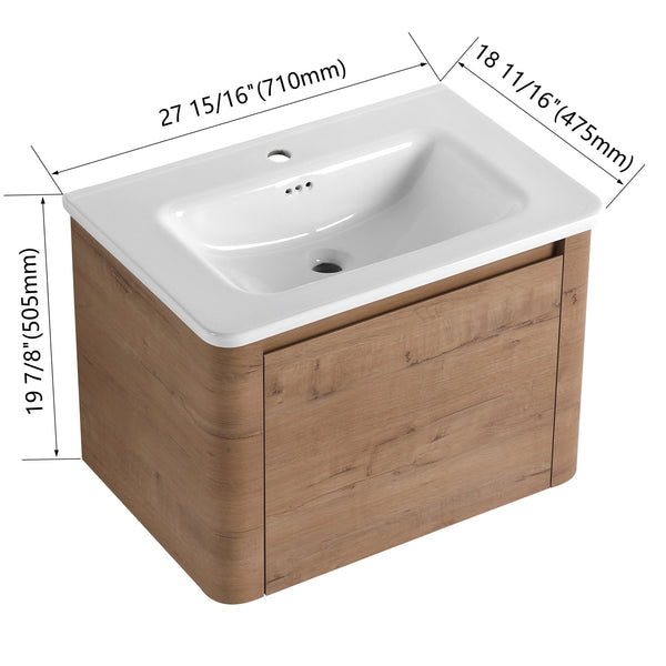 English Elm 52'' Wall-Mounted Vanity with White Ceramic Sink, Soft-Close Door, Plywood Shelves & Rounded Edges Imitative Oak W999S00431