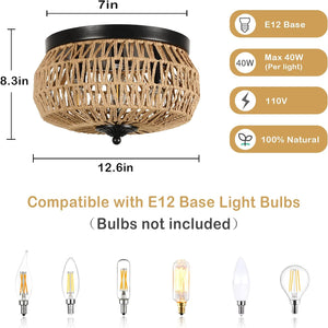 English Elm 3-Lights Woven Rattan Flush Mount Ceiling Light, Hand-Woven Cage Shade, Eco-Friendly Boho Fixture W2738P185409