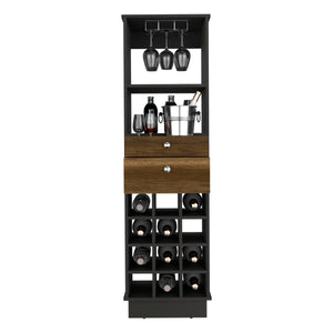 English Elm Classic Bar Cabinet with 12-Bottle Wine Rack, Two Drawers & Shelf, Black/Walnut Modern Storage B200S00100