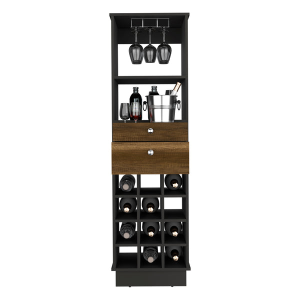 English Elm Classic Bar Cabinet with 12-Bottle Wine Rack, Two Drawers & Shelf, Black/Walnut Modern Storage B200S00100