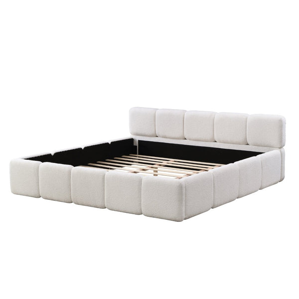 English Elm California King Boucle Upholstered Platform Bed Thick Block Headboard Modern Suite N757P391356W