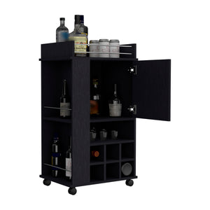 English Elm Fargo Bar Cart with Cabinet, 6 Wine Slots, Open Shelf & Casters in Black — Stylish Home Bar Station B200P188867