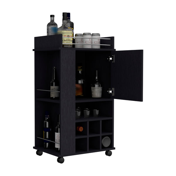 English Elm Fargo Bar Cart with Cabinet, 6 Wine Slots, Open Shelf & Casters in Black — Stylish Home Bar Station B200P188867