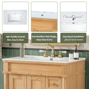 English Elm 30-inch Freestanding Bathroom Vanity Solid Wood Base Ceramic Sink Gold Hardware N729P299368N