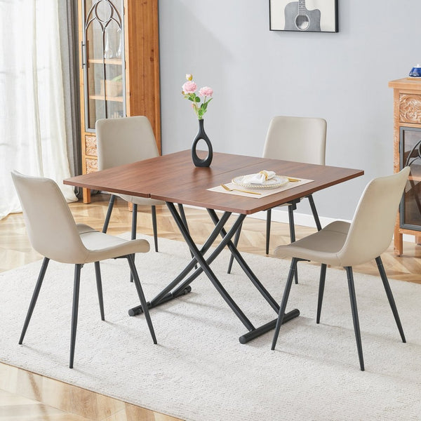 English Elm Table Set With Adjustable Height, Walnut Wood Finish & 4 Warm Gray Pu Chairs For Modern Living W1151S03997-GIGA