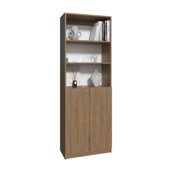 English Elm 2-Door Natural Wood Bookcase with 3 Open Shelves & Hidden Lower Storage — Sturdy, Eco-Friendly Design B097P296881