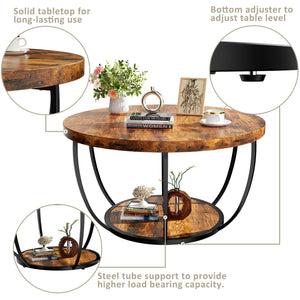 English Elm 31.5" Round Coffee Table Rustic Brown — 2-Tier Storage Table, Durable Metal Legs, Waterproof Finish, 31.5" T3210P350940