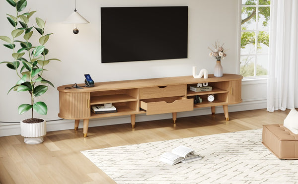 English Elm [Assembly Wooden Oval Fluted TV Stand with Charging Station, 74.8" Mid-Century Media Console w/ Sliding Door and Gold Accents Natural N721P297567L