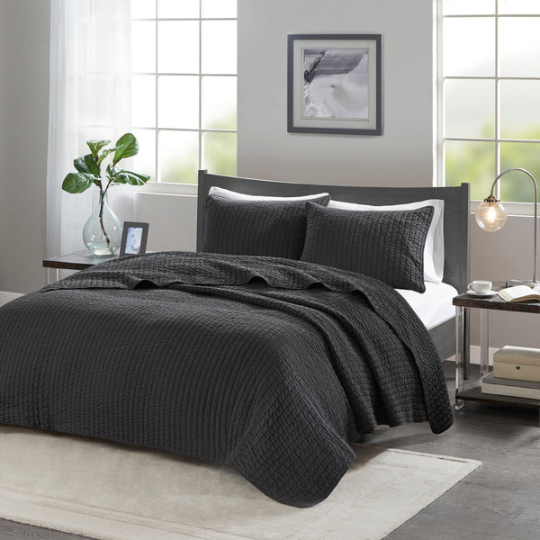 English Elm 3 Piece Keaton Reversible Quilt Set Full/Queen Black - Brushed Microfiber, Pickstitch Quilting, Antimicrobial Freshness B035129040