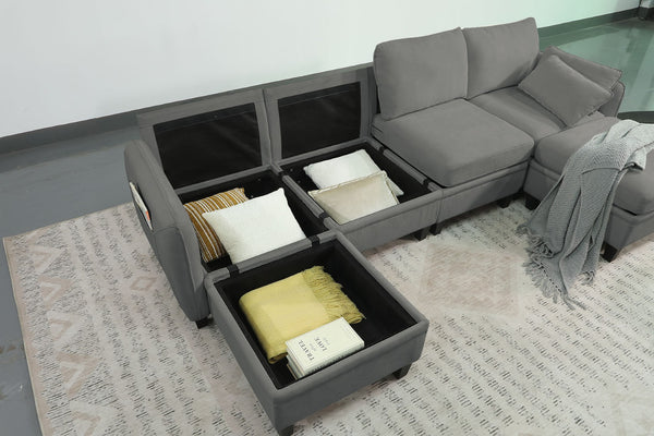 English Elm 102 Inch Linen Modular Sectional Sofa with Hidden Storage and Cloud Cushion Comfort Dark Grey W1099S00216