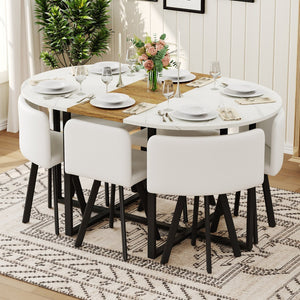 English Elm 7-piece Oval Dining Set Two-tone Marble Tabletop with Pu Leather Chairs for Six White,Wood W3875S00091