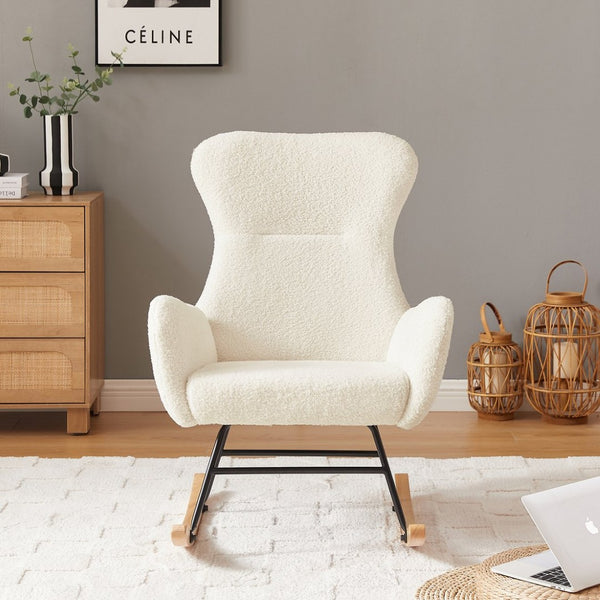 English Elm Beige Teddy Fabric Rocking Armchair with High Back for Nursery or Living Room W3985P400394