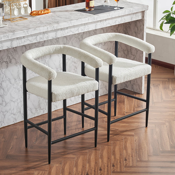 English Elm Modern Upholstered Bar Stools with Boucle Fabric and Armrests, Sturdy Metal Frame, Ergonomic Comfort White W1901P264274