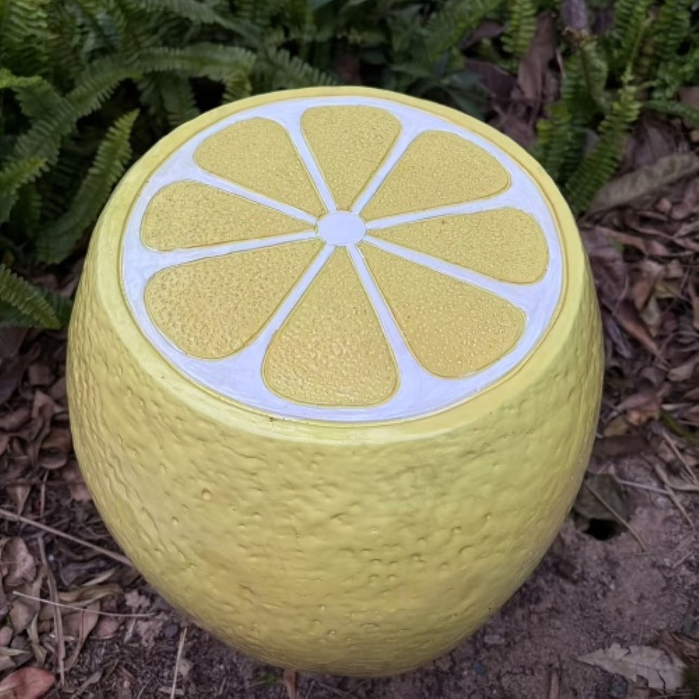 English Elm Yellow Lemon Shaped Resin Stool Playful Citrus Accent for Patio Sunroom or Kitchen W5709P493646