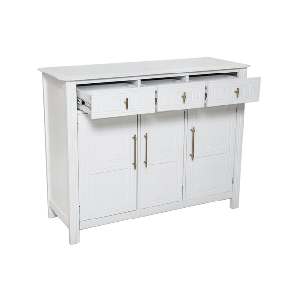 English Elm Cabinet with Three Doors Acacia Wood White Finish Gold Hardware Entryway Dining Storage N780P295774K