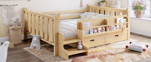 English Elm Twin Kids Platform Bed with Trundle Staircase Bookshelf and Rounded Safety Rails Light Natural W1580S00541