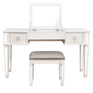 English Elm Mirrored Vanity Desk with Drawers and Flip-Up Mirror, Silver PU Stool, Crystal Knobs, Storage Elegance W2170P209976