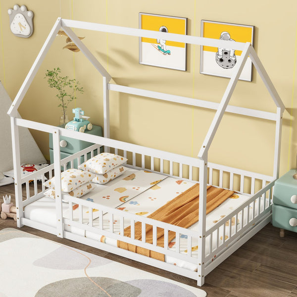 English Elm Full Size House Floor Bed With Roof Frame & Safety Guardrails - Cozy, Imaginative Retreat For Kids W504P286408