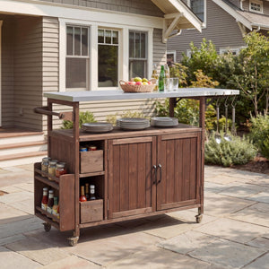 English Elm 54.33" Farmhouse Outdoor Kitchen Cart Solid Fir Frame Steel Top Storage Bbq Prep Brown N767P379702D
