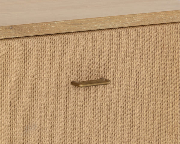 Sunpan Etienne Nightstand: Elegant Linear Design with Antique Brass Handles & Unique Wood Character Elements Rustic Oak