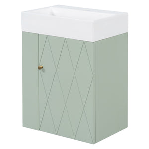 English Elm 20 Modern Wall-Mounted Bathroom Vanity with Ceramic Sink, Diamond Door, Gold Handles & Shelves — Compact Green N725P314033F