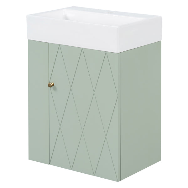 English Elm 20 Modern Wall-Mounted Bathroom Vanity with Ceramic Sink, Diamond Door, Gold Handles & Shelves — Compact Green N725P314033F