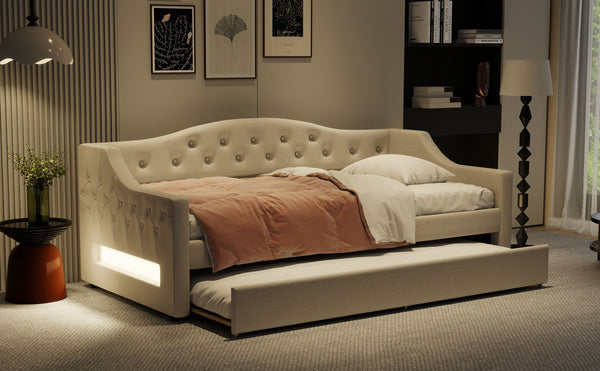 English Elm Upholstered Twin XL Daybed with Built-In LED Belt and Trundle, Linen Backrest, Modern Guest Bed Beige DL002050AAA