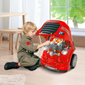 English Elm Qaba Kids Mechanic Workshop Truck Toy with Sounds Lights and 61 Piece Engine Set W2225P200404