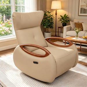 English Elm Power Recliner Chair with 260 Degree Swivel Oak Armrests and Eco Leather Upholstery W3795P499257