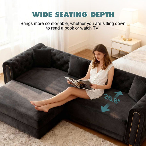 English Elm 90.2" Plush Teddy Fabric Convertible Sleeper Sofa with Hidden Storage for Living Room Black W1885S00243