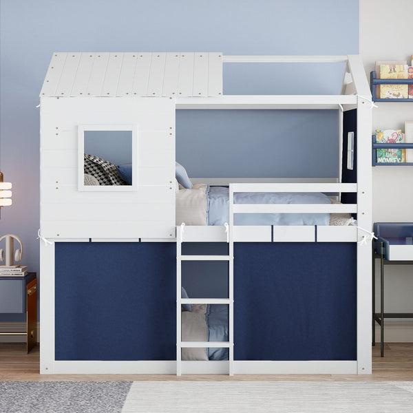 English Elm Twin Treehouse Bunk Bed Solid Pine Playhouse Frame with Cozy Canvas Tent Hideaway LT000379AAC-1