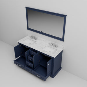 English Elm Navy Double Bath Vanity 60" W x 22" D with Carrara Marble Top, Chrome Faucets, 58" Mirror — Durable B2731S00983