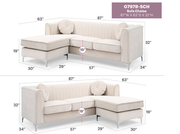 English Elm Delray Channel Quilted Velvet Sectional Sofa Chaise with Glam Chrome Legs Ivory B078S00085