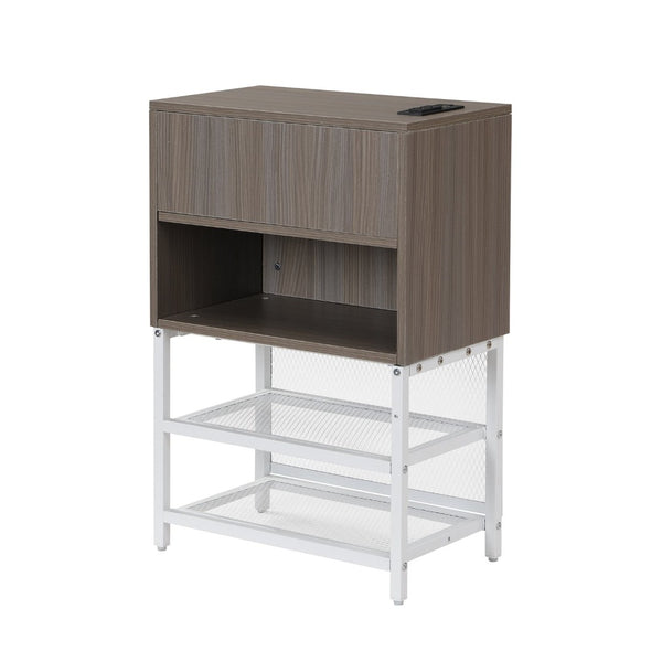 English Elm Twin Metal Platform Bed With Cushioned Footrest, Two-Tier Shelves & Wooden Storage Cabinet, White N737P199330K-GIGA